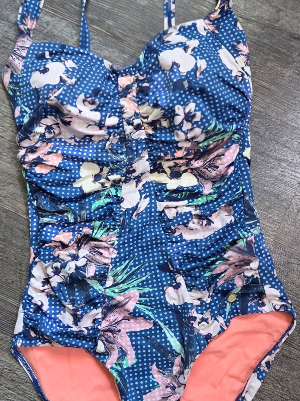 Sunseeker 1-Pc Swimsuit Blue w/ Polka Dots + Floral Print Sz 10-D cup
